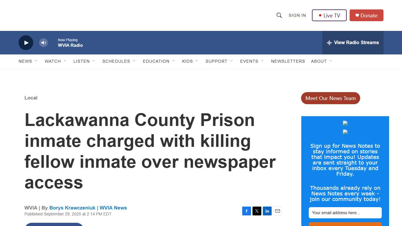 Lackawanna County Prison inmate charged with killing fellow inmate over newspaper access
